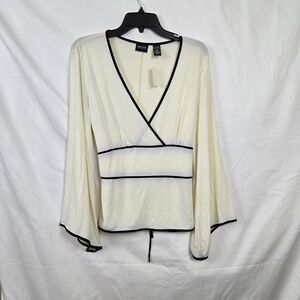 New York & Company Ivory Black Trim Bell Sleeve Career Stretch Blouse XL New Vtg